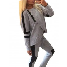 Sexy Gray Black Patchwork Zipper Split Hood Women Tracksuit Sportsuit