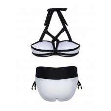 Women Halter Cross Criss Strappy Sexy Black White Color Block Bikini Sets Low Waist Swimwear