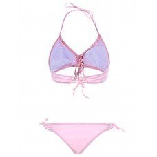 Women Sexy Pink Criss Cross Belt Wireless Bikini Halter Lace-Up Solid Color Swimwear