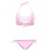 Women Sexy Pink Criss Cross Belt Wireless Bikini Halter Lace-Up Solid Color Swimwear