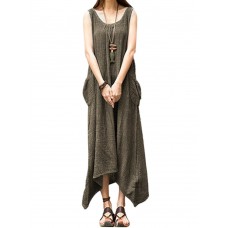 Vintage Casual Women Sleeveless High Low Cotton Maxi Dress