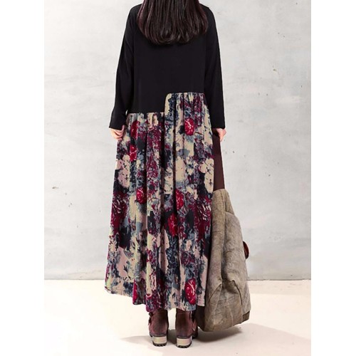 Vintage Women Floral Printed Patchwork Long Sleeve Maxi Dress