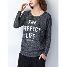 Black Casual Letter Printed Long Sleeve Round Neck Women T-shirt