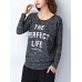 Black Casual Letter Printed Long Sleeve Round Neck Women T-shirt