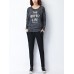 Black Casual Letter Printed Long Sleeve Round Neck Women T-shirt