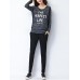 Black Casual Letter Printed Long Sleeve Round Neck Women T-shirt