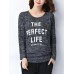 Black Casual Letter Printed Long Sleeve Round Neck Women T-shirt