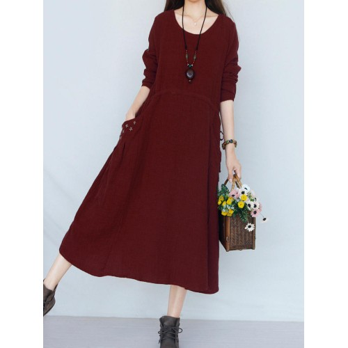 Vintage Women Pocket Embroidery O-neck Long Sleeve Maxi Dresses