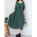 Vintage Women Pocket Embroidery O-neck Long Sleeve Maxi Dresses