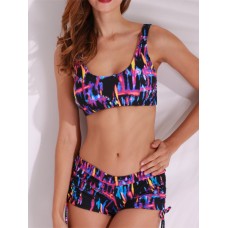 Women Sexy Printed Solid Color Tankinis Pullover Vest Elastic Swimwear Sets