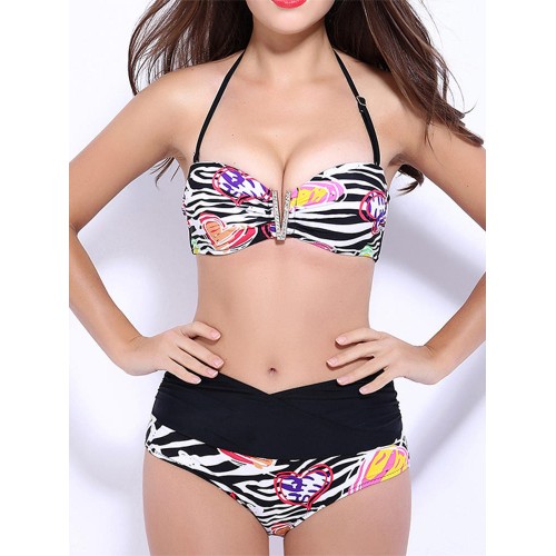 Sexy Halter Backless Flower Love Striped Printed Wireless High Waist  Bikini Sets