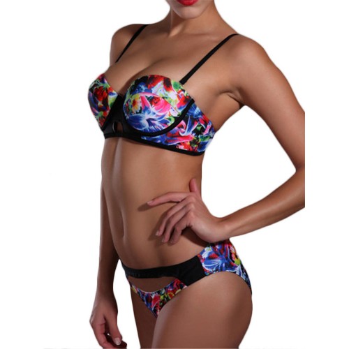 Sexy Women Show-Off Printed Bikini Key Hole Front Hollow Out Swimwear Sets