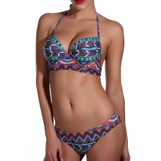 Sexy Geometric Print Push Up Bikini Halter Stripe Patchwork Beach Bathing Suit