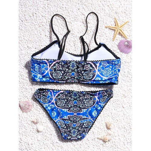 2pcs Printed Padding Wireless Overhead Elastic Bikini Sets