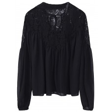 Women Sexy V-Neck Shirts Black Sheer Blouses Long Sleeve Chiffon Top