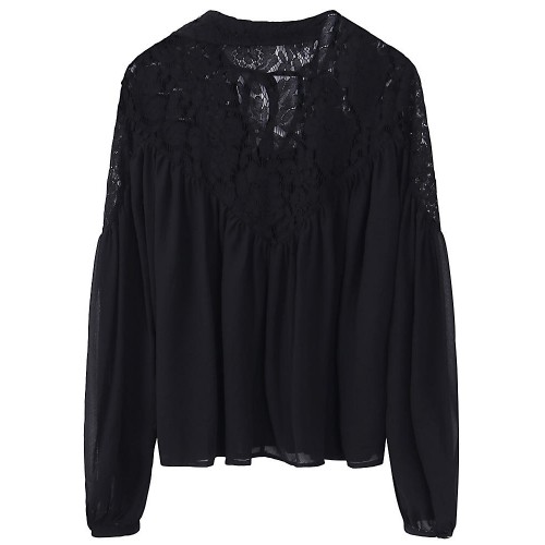 Women Sexy V-Neck Shirts Black Sheer Blouses Long Sleeve Chiffon Top