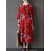 Retro Women Floral Printed 3/4 Sleeve Loose Maxi Dresses With Pocket