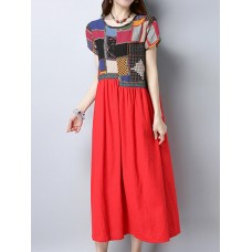 Ethnic Women Short Sleeve Patchwork Loose Mid Long Dresses