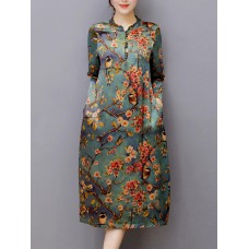 Vintage Women Floral Printed Long Sleeve Stand Collar Midi Dress