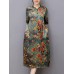 Vintage Women Floral Printed Long Sleeve Stand Collar Midi Dress