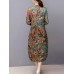 Vintage Women Floral Printed Long Sleeve Stand Collar Midi Dress