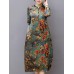 Vintage Women Floral Printed Long Sleeve Stand Collar Midi Dress