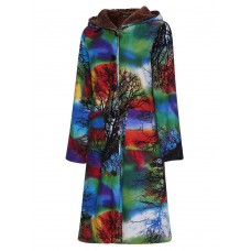 Vintage Women Printed Long Sleeve Fleece Lined Hooded Coats