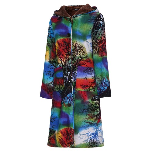 Vintage Women Printed Long Sleeve Fleece Lined Hooded Coats