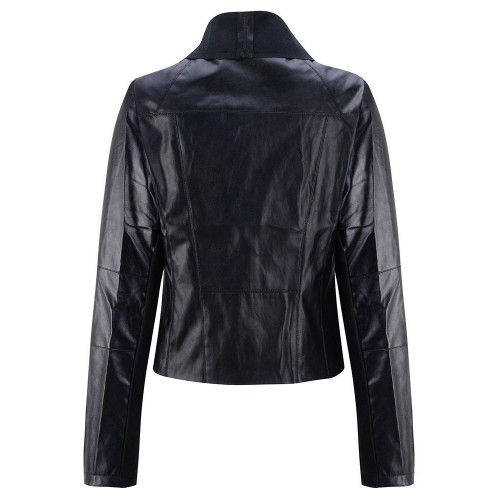 Women Lapel Long Sleeve Zip-Pocket Cool PU Jacket