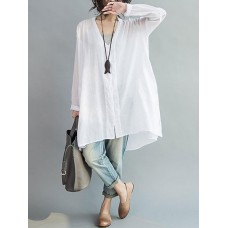 Loose Women Button Solid Cotton Linen Long Sleeve T-shirts