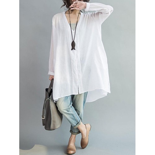 Loose Women Button Solid Cotton Linen Long Sleeve T-shirts