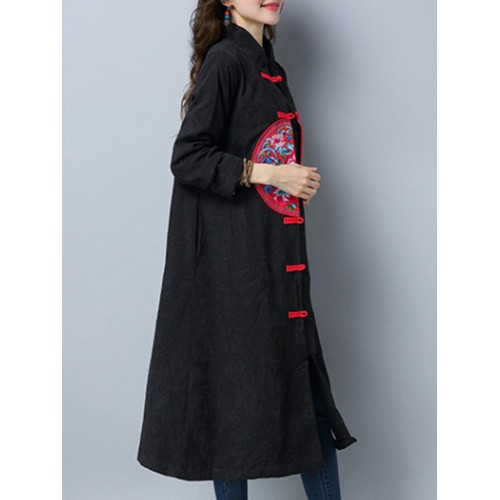 Folk Style Women Embroidered Long Sleeve Buttons Corduroy Coat