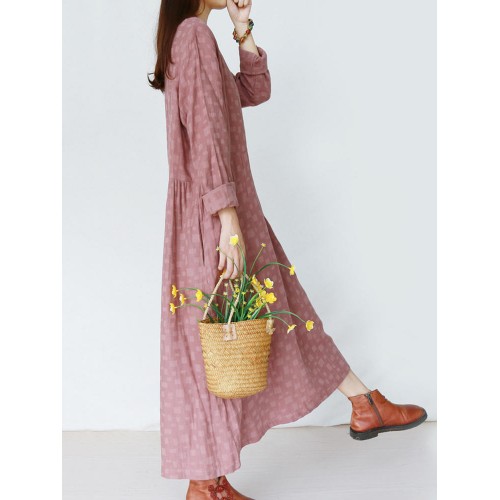 Vintage Women Long Sleeve O-Neck Printed Maxi Dress