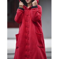 Women Hooded Frog Button Long Sleeve Thick Cotton Coats