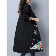 Folk Style Women Long Sleeve Pattern Embroidered Button Pocket Coat