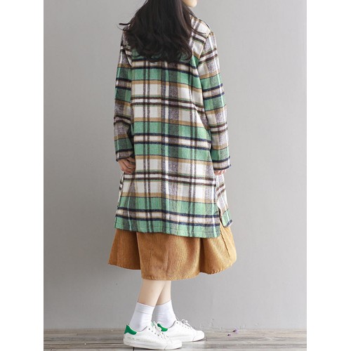 Vintage Plaid Woolen Long Sleeve Women Coats