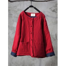 Vintage Women Solid Color Double Pocket Button Long Sleeve Thick Coat