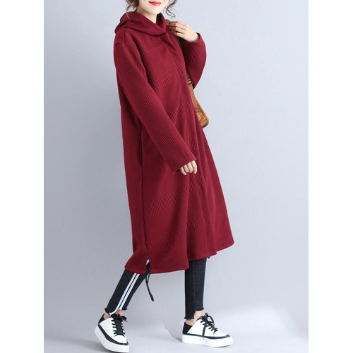 Casual Women Solid Color Long Sleeve Zip Up Hooded Coat