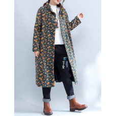 Ethnic Women Floral Printed Long Sleeve Velvet Button Long Coat