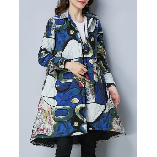 Ethnic Women Thick Long Sleeve Lapel Print Dip Hem Coat