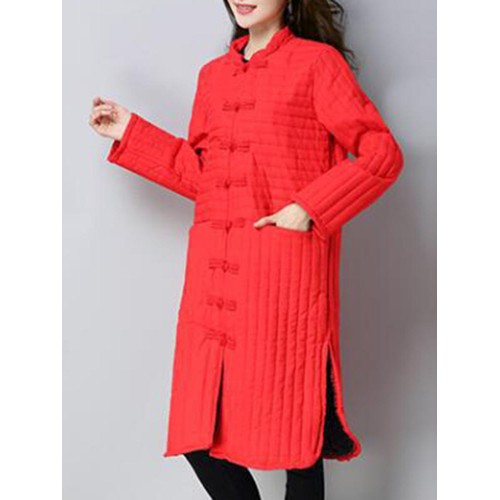 Pure Color Frog Buttons Long Sleeve Split Quilted Coat For Women