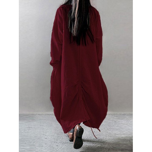 Women Pure Color Long Sleeve Asymmetric Hem Vintage Dress