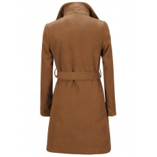 Casual Pure Color Turn-Down Collar Slim Woolen Long Coats with Belt