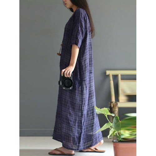 Vintage Women Half Sleeve O-Neck Plaid Maxi Dress