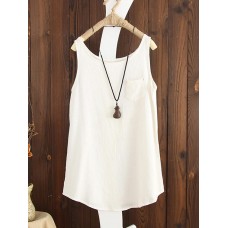 Women Summer Pure Color Pocket Linen Cotton Vest Tank Tops