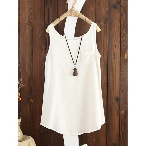 Women Summer Pure Color Pocket Linen Cotton Vest Tank Tops