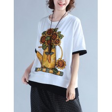 Casual Women Contrast Color Short Sleeve Printed O-Neck T-shirt