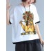 Casual Women Contrast Color Short Sleeve Printed O-Neck T-shirt