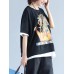 Casual Women Contrast Color Short Sleeve Printed O-Neck T-shirt