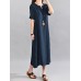 Women Vintage V Neck Short Sleeve Cotton Linen Maxi Dress